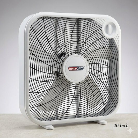 20-inch box fan with 'HomeRite' branding on a gray background