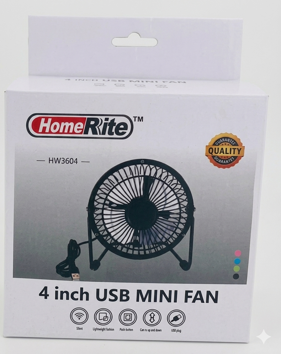 HomeRite 4 inch USB mini fan packaging on a white background