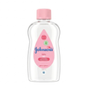 Johnson's baby oil bottle with pink cap on a white background