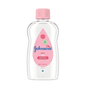Johnson's baby oil bottle with pink cap on a white background