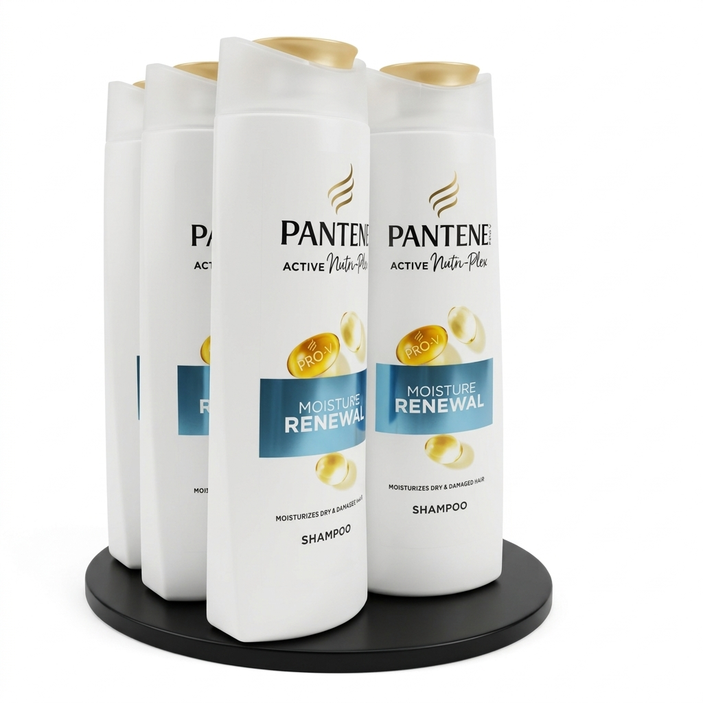 Pantene shampoo bottles on a display stand with a white background