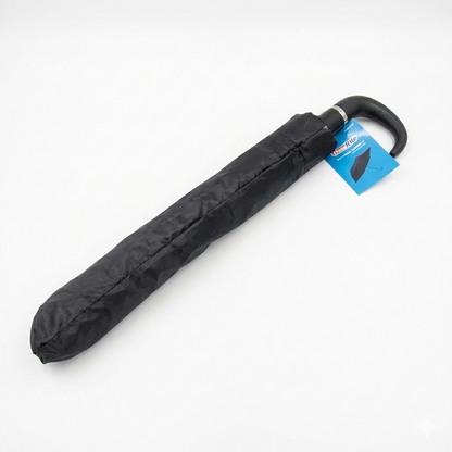 Black folded umbrella with a blue tag on a white background