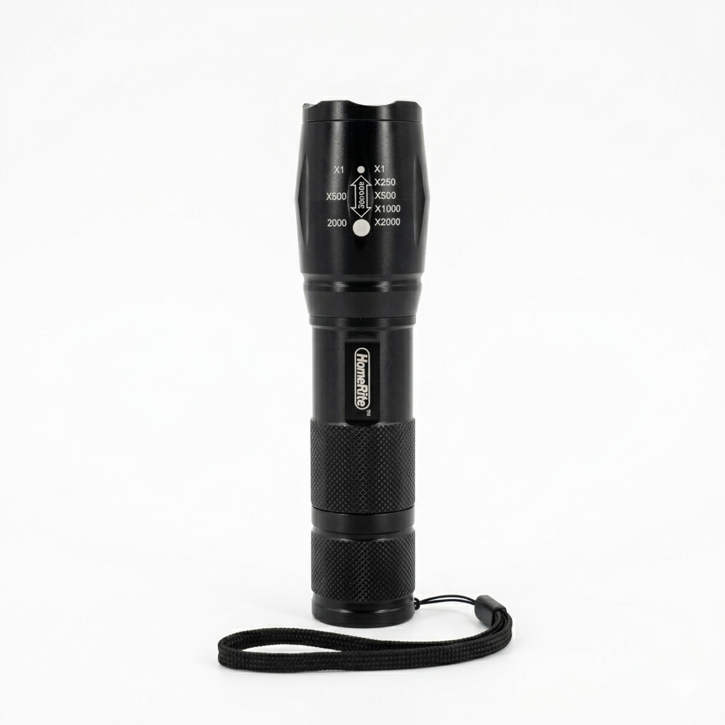 Black flashlight with a strap on a white background