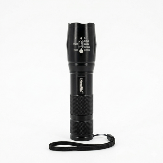Black flashlight with a strap on a white background