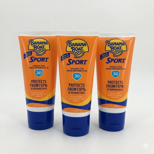 Three tubes of Banana Boat Sport sunscreen lotion on a white background
