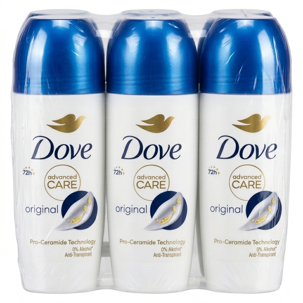 Three Dove Advanced Care original deodorant bottles in a row on a white background