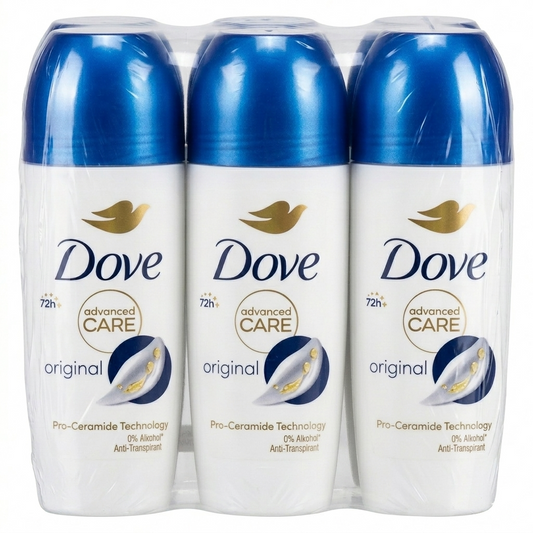 Three Dove Advanced Care original deodorant bottles in a row on a white background