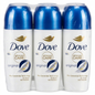 Three Dove Advanced Care original deodorant bottles in a row on a white background