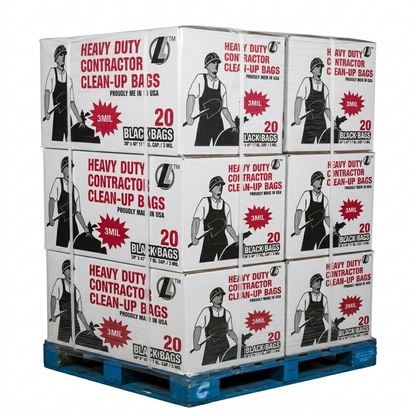 Stack of boxes containing heavy-duty contractor clean-up bags on a pallet.