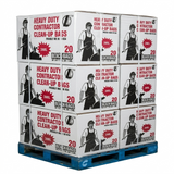 Stack of boxes containing heavy-duty contractor clean-up bags on a pallet.