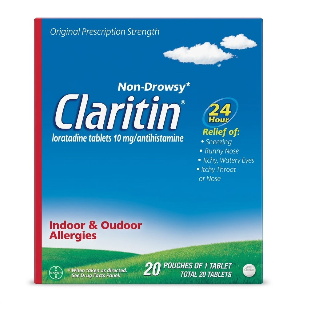 Claritin allergy medication packaging with blue and green design
