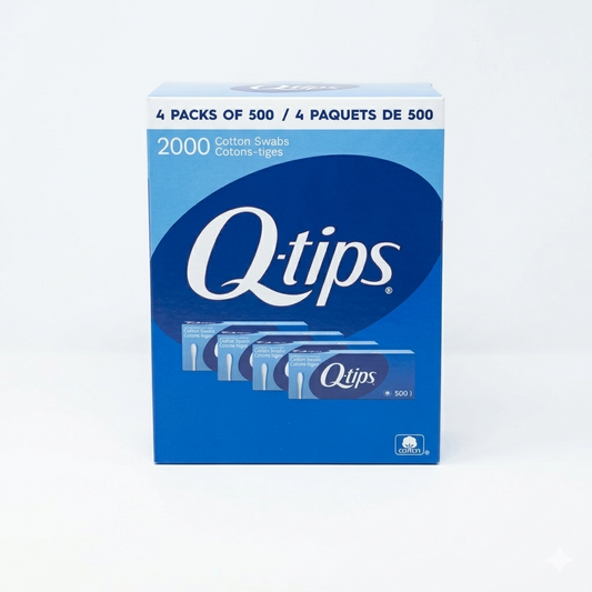 Q-tips box with blue and white design on a white background