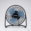 9-inch floor fan with blue blades and black frame on a white background