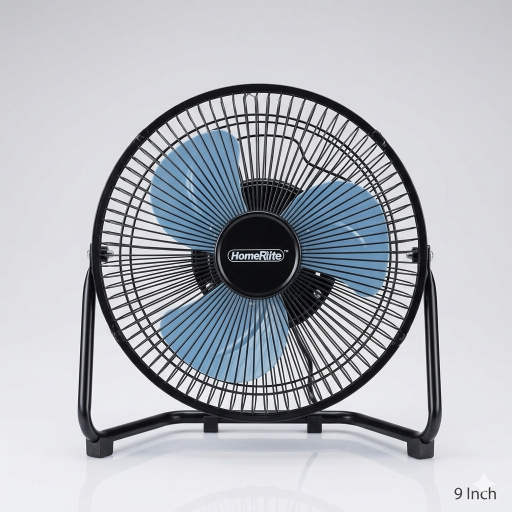 9-inch floor fan with blue blades and black frame on a white background