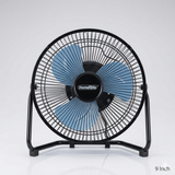 9-inch floor fan with blue blades and black frame on a white background