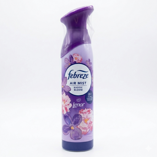 Febreze air freshener spray bottle exotic bloom with floral design on a white background