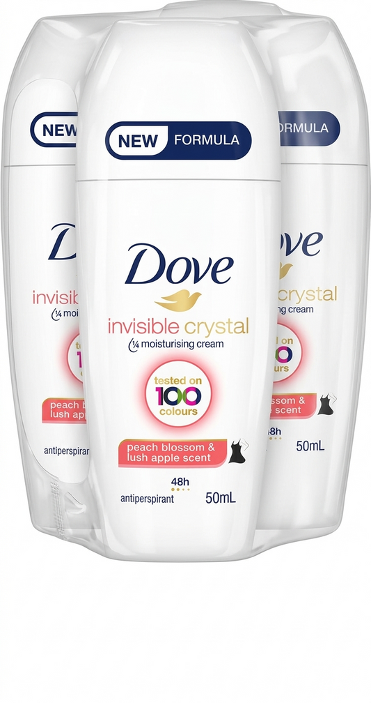 Three Dove Invisible Crystal antiperspirant bottles on a white background Peach Blossom and lush apple scent