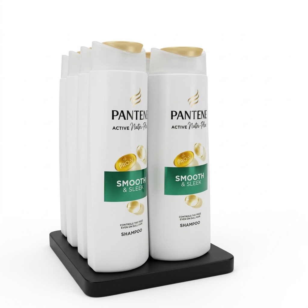Pantene shampoo bottles on a black stand with a white background