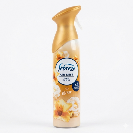 Febreze gold orchid air freshener spray bottle with floral design on a white background
