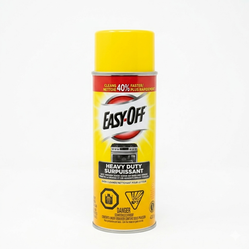 Yellow Easy-Off heavy-duty cleaning spray can on a white background