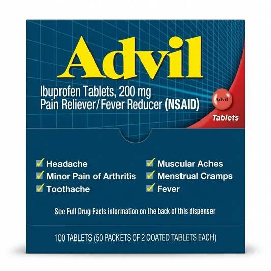 Box of Advil ibuprofen tablets on a white background