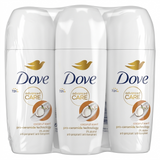 Three Dove Advanced Care deodorant bottles with coconut scent on a white background