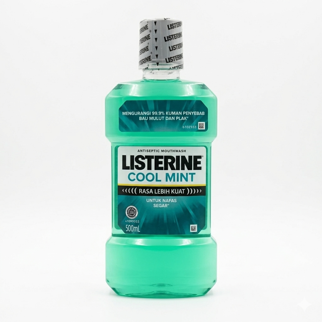 Bottle of Listerine Cool Mint mouthwash on a white background