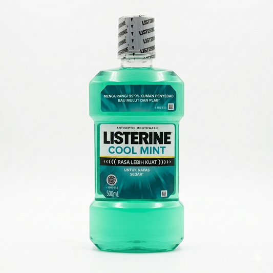 Bottle of Listerine Cool Mint mouthwash on a white background