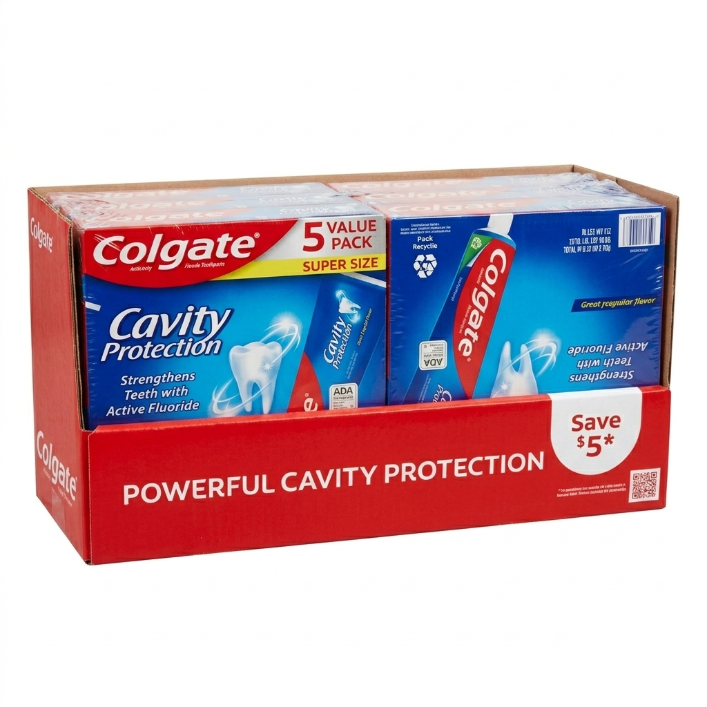 Colgate cavity protection toothpaste value pack with red and blue packaging on a white background