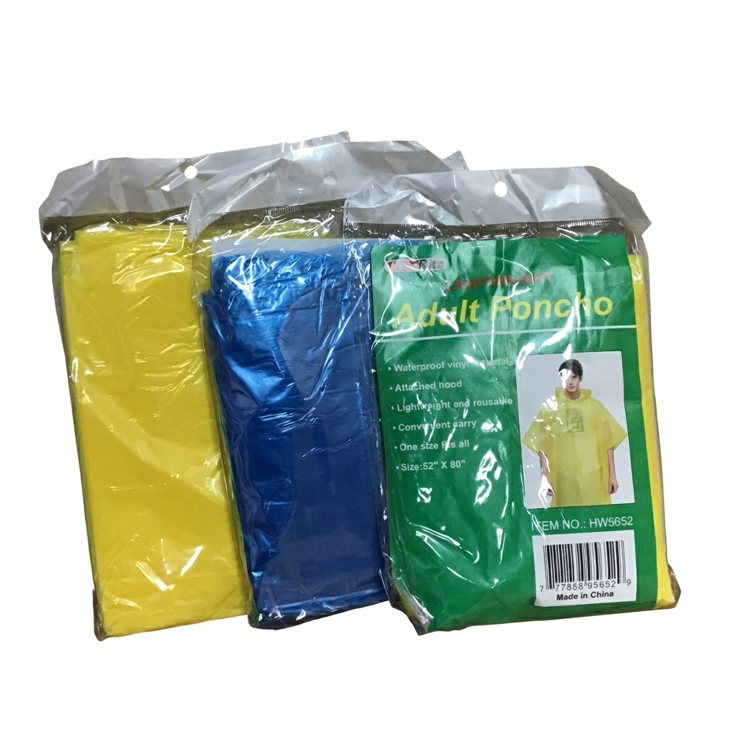 Three ponchos in yellow, blue, and green packaging on a white background