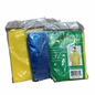 Three ponchos in yellow, blue, and green packaging on a white background
