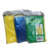 Three ponchos in yellow, blue, and green packaging on a white background