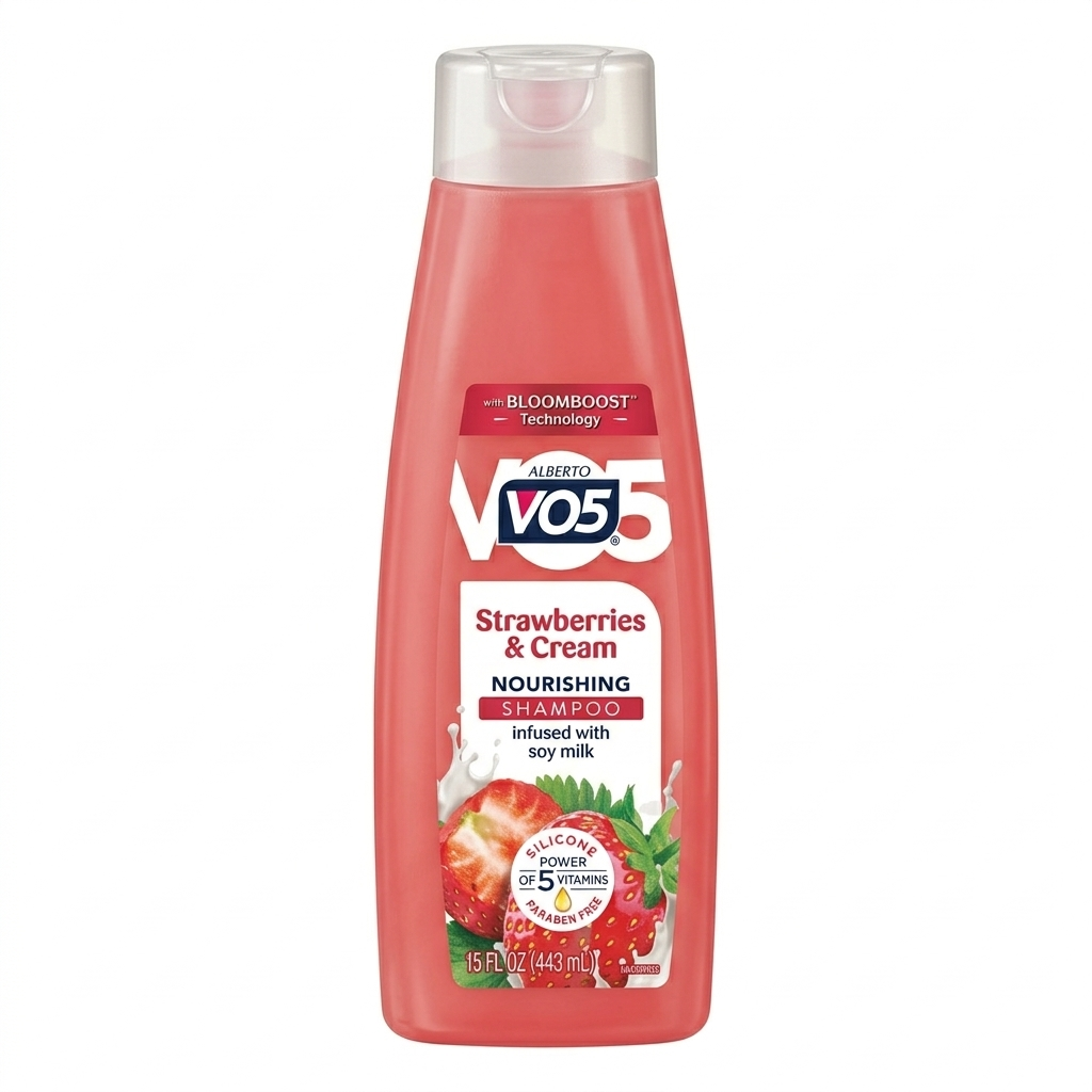 VO5 Strawberries & Cream shampoo bottle on a white background