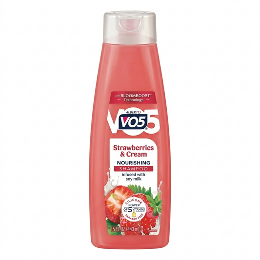 VO5 Strawberries & Cream shampoo bottle on a white background