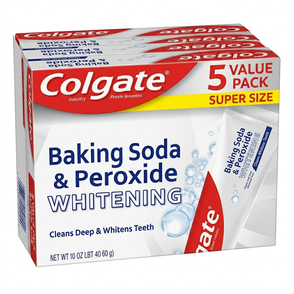Colgate Baking Soda & Peroxide Whitening toothpaste box with 5 value pack on a white background