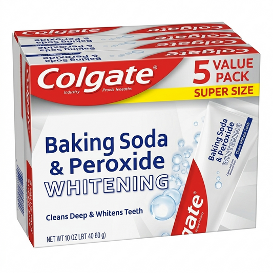 Colgate Baking Soda & Peroxide Whitening toothpaste box with 5 value pack on a white background