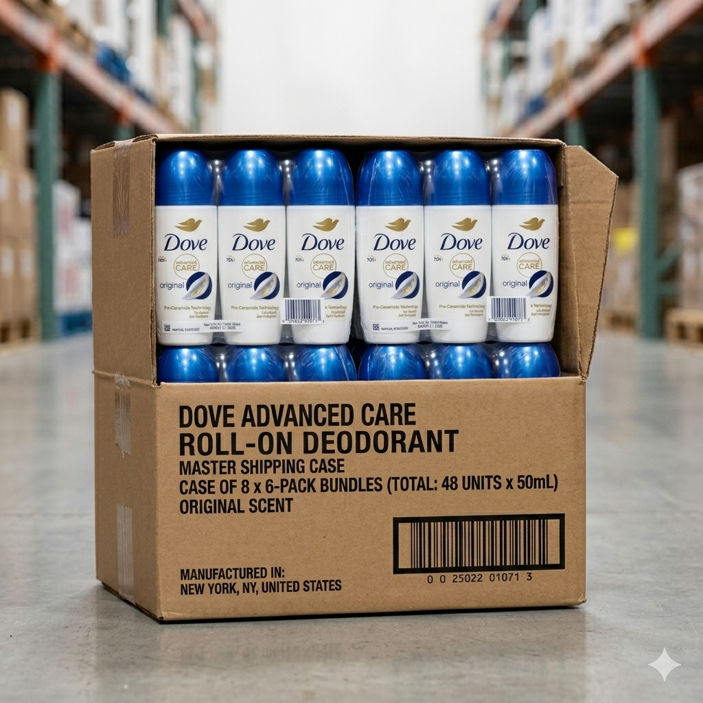 Box of Dove Advanced Care roll-on deodorant in a warehouse setting