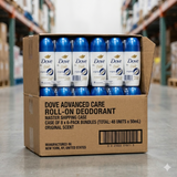 Box of Dove Advanced Care roll-on deodorant in a warehouse setting