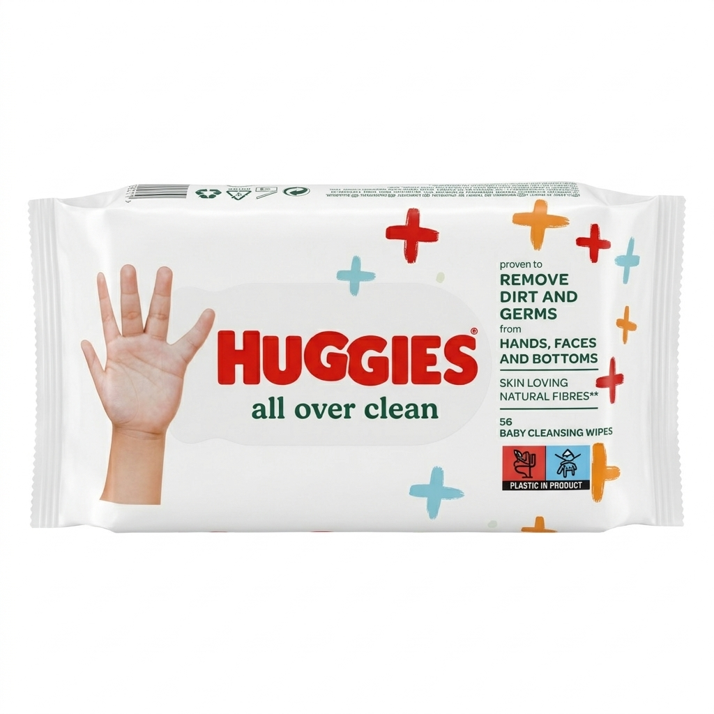 Huggies baby wipes packaging with a hand illustration on a white background