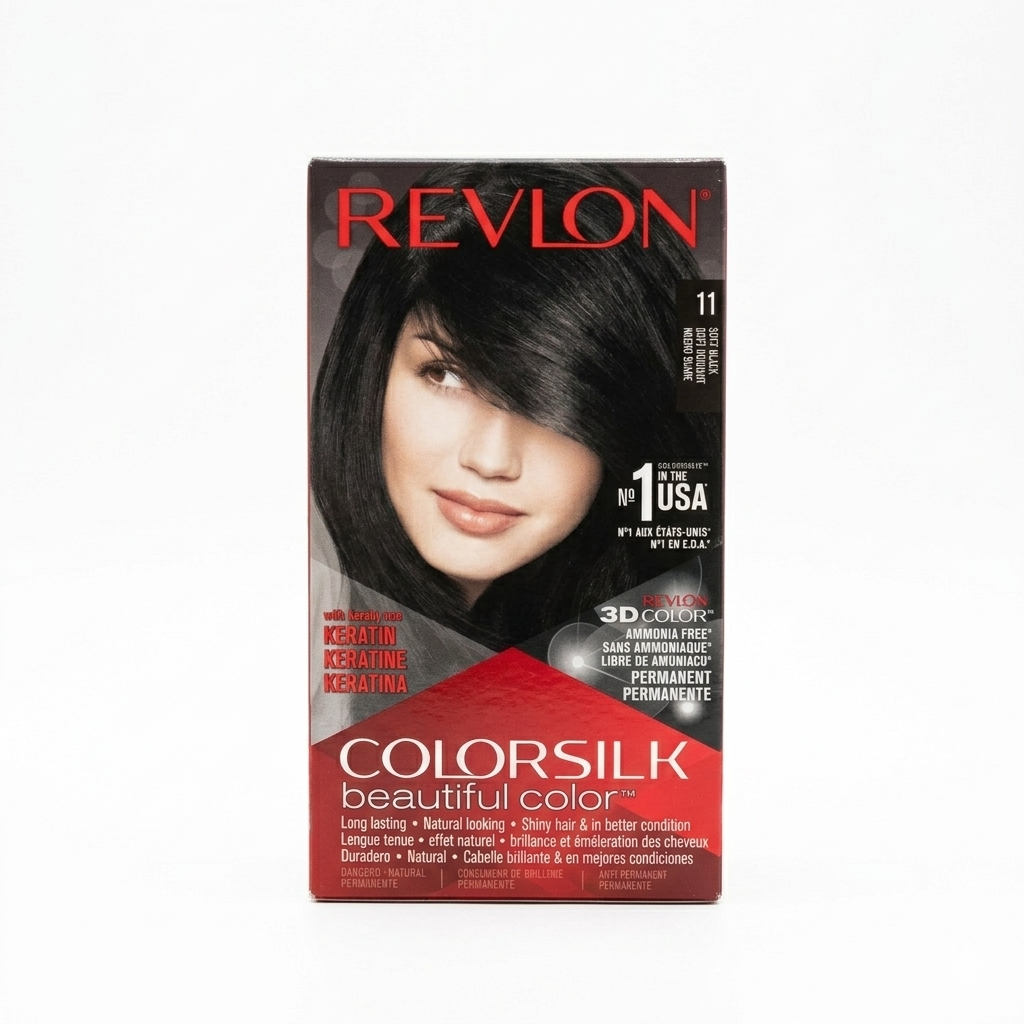 Revlon Colorsilk hair color kit packaging with a model's face on a white background