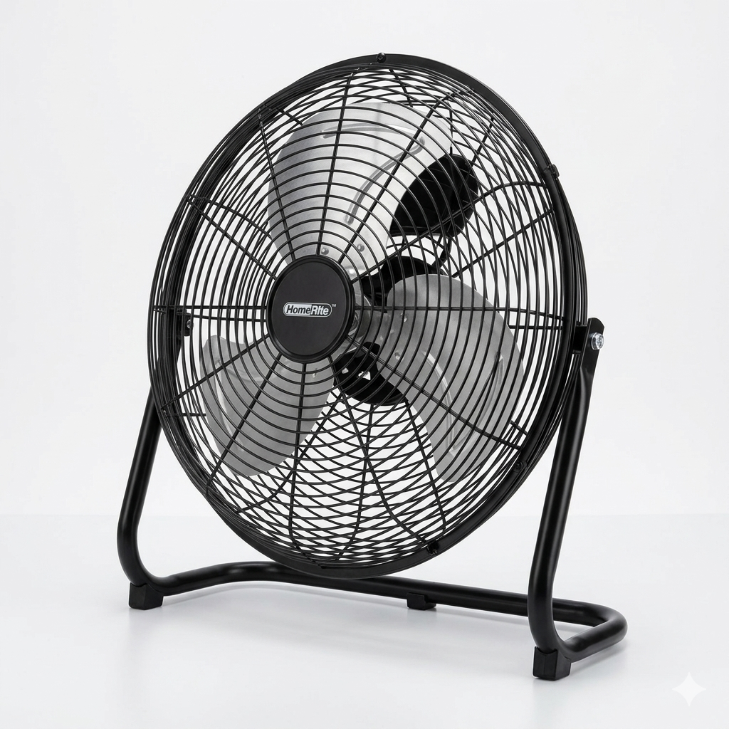 Black floor fan on a white background