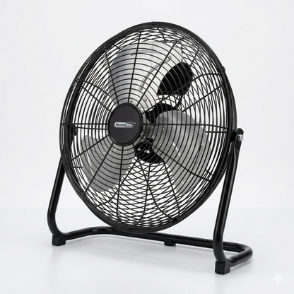 Black floor fan on a white background