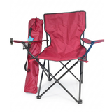 Red folding chair with carrying bag on a white background
