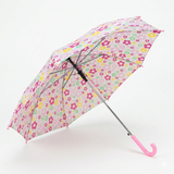 Floral-patterned umbrella with a pink handle on a white background