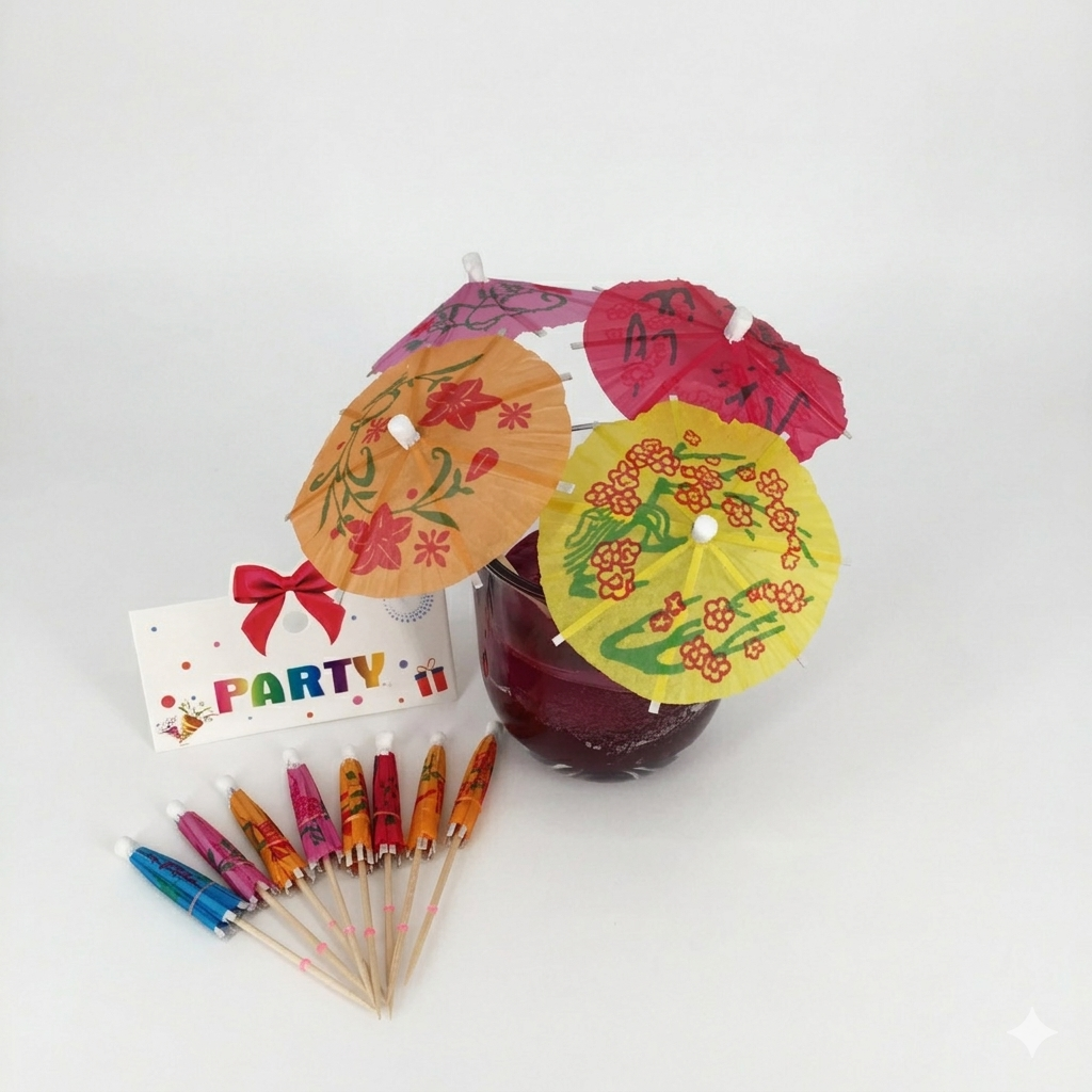 Colorful paper drink umbrellas with decorative designs and a 'PARTY' sign on a white background.