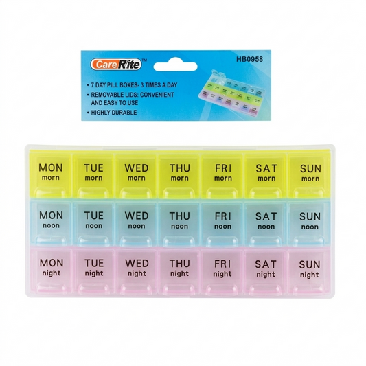 Weekly pill organizer with colored compartments for different times of the day, branded CareRite.