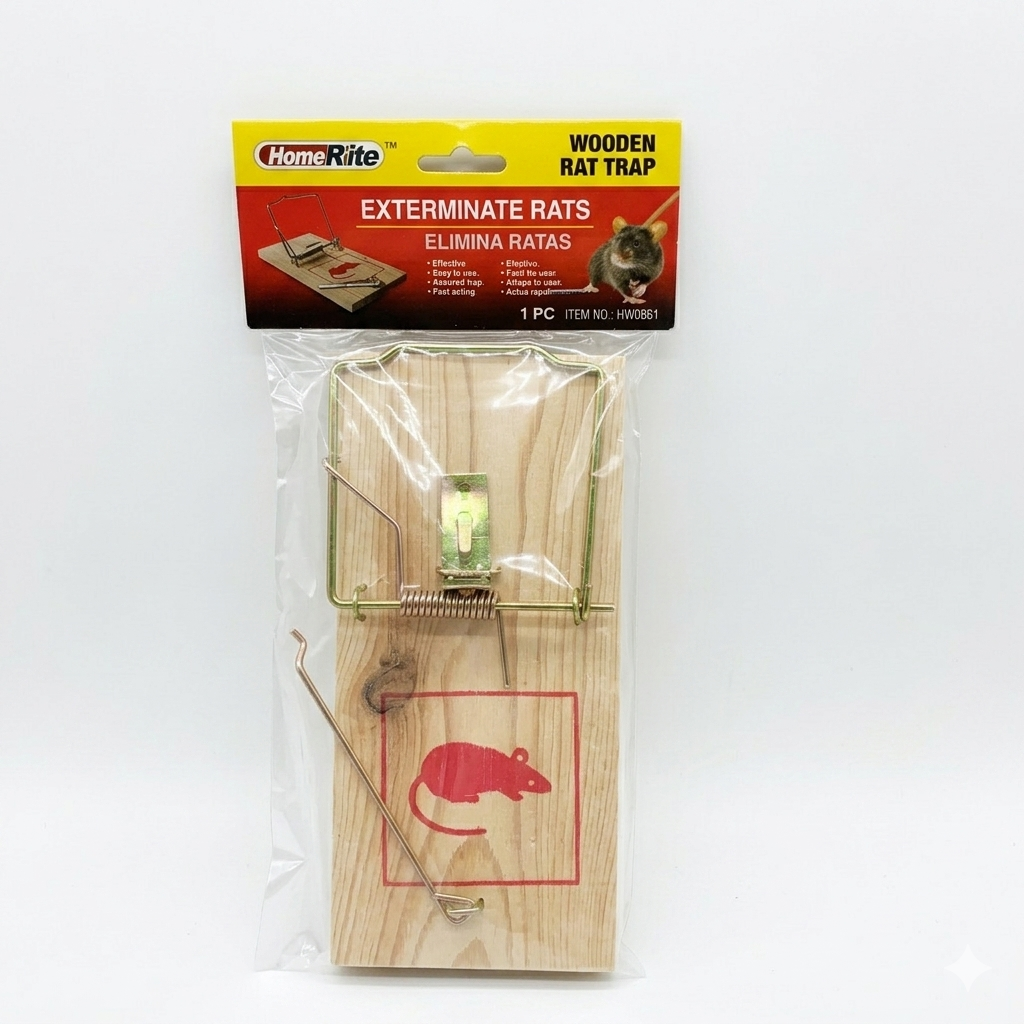Wooden rat trap with packaging on a white background