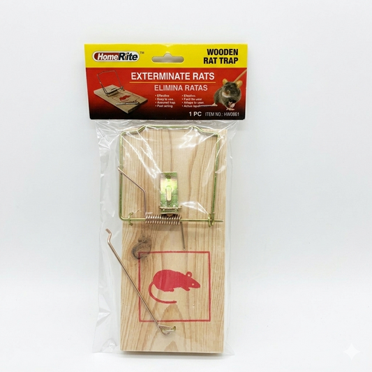Wooden rat trap with packaging on a white background