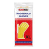 A package of Home Rite Household Gloves, size XL, featuring yellow flocked latex gloves on a red and white background.