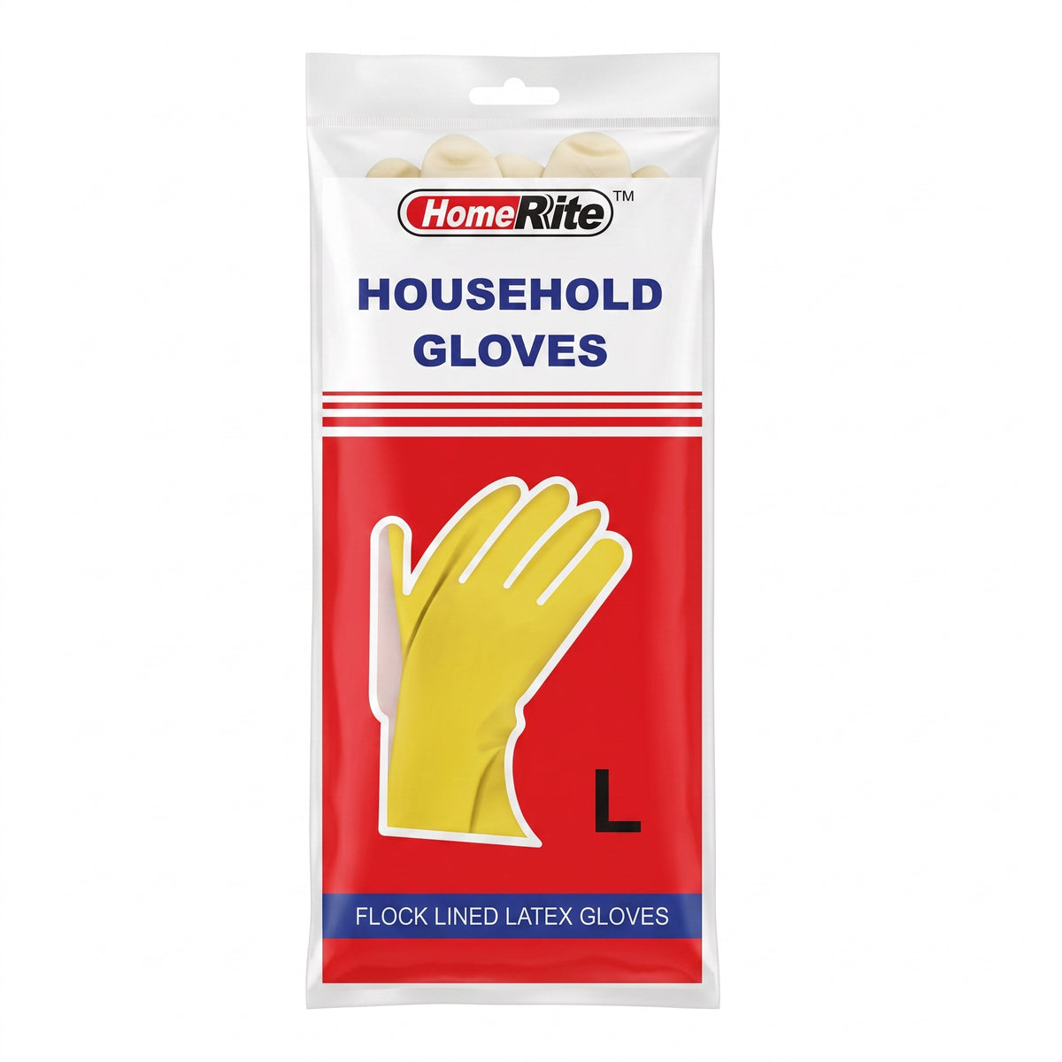 A package of Home Rite Household Gloves, size L, featuring yellow flocked latex gloves inside a clear plastic bag with a red and white printed label.